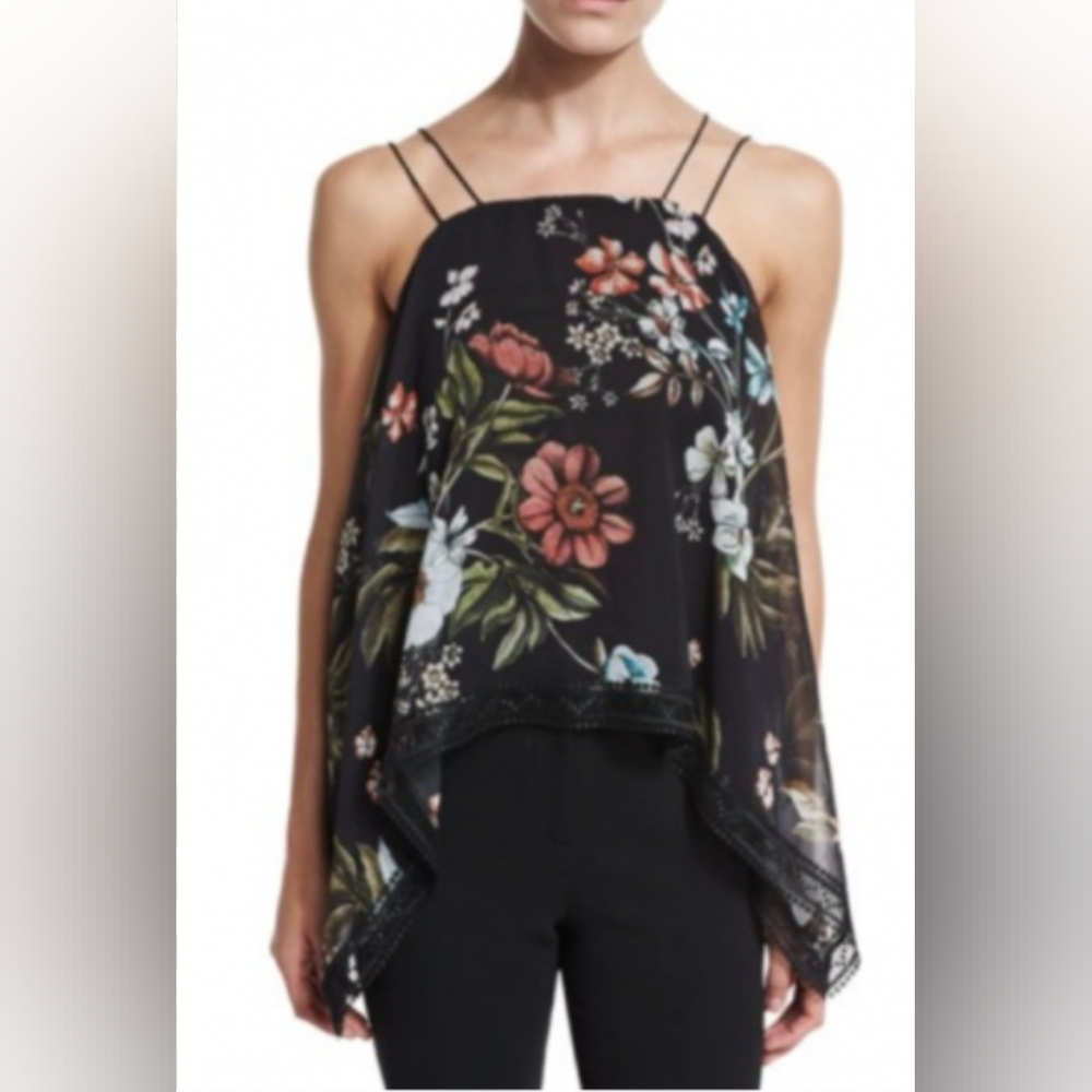 Nicholas Blouse Black Floral Silk Asymmetrical Rachel Lindsay Size 6